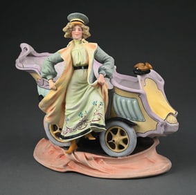 BISQUE PLANTER WITH WOMAN CHAUFFER AND AUTO