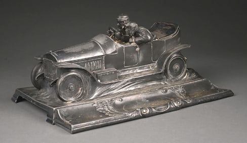 SILVER PLATED AUTO DESK SET WITH RACER AND MECHANIC