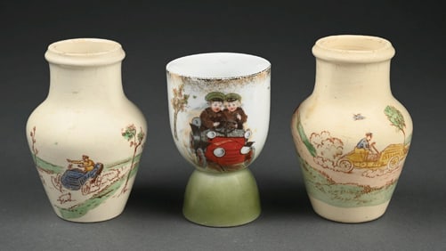 LOT OF 3: PAIR OF FRENCH OPAQUE DE GIEN VASES AND PORCELAIN EGGCUP