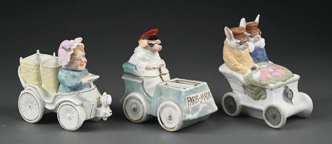 LOT OF 3: VINTAGE PROCELAIN AUTOMOBILIA THEMED SALTS AND TRINKET