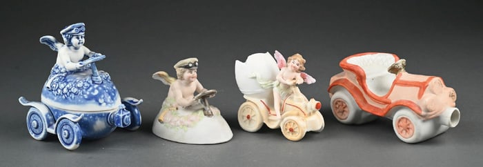 LOT OF 4: CERAMIC VEHICLE-THEMED PORCELAIN FIGURES