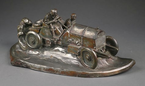 WILHELM ZWICK BRONZED SPELTER RACING CAR INKSTAND