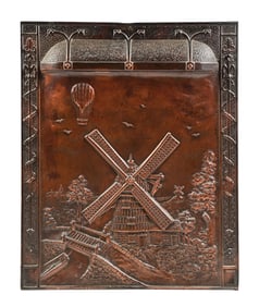 VINTAGE EMBOSSED COPPER PLAQUE WITH WINDMILL AND AIR BALLOON