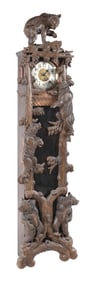 MONUMENTAL BLACK FOREST CARVED 2-PANEL GRANDFATHER CLOCK WITH 4 BEARS AND PINE TREE