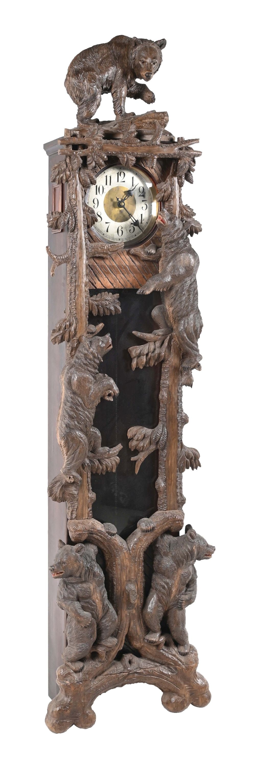 MONUMENTAL BLACK FOREST CARVED 2-PANEL GRANDFATHER CLOCK WITH 4 BEARS AND PINE TREE (1 of 7)