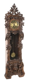 MONUMENTAL BLACK FOREST TALL CASE CLOCK CARVED 2-PANEL GRANDFATHER CLOCK WITH THREE BEARS AND GRAPE