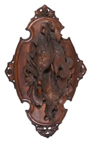 LARGE BLACK FOREST CARVED HUNTING GAME WALL PLAQUE