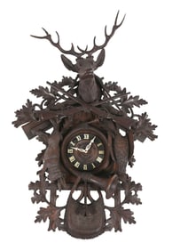 LARGE 1900S BLACK FOREST CARVED CUCKOO CLOCK W/ HUNTING GAME MOTIF