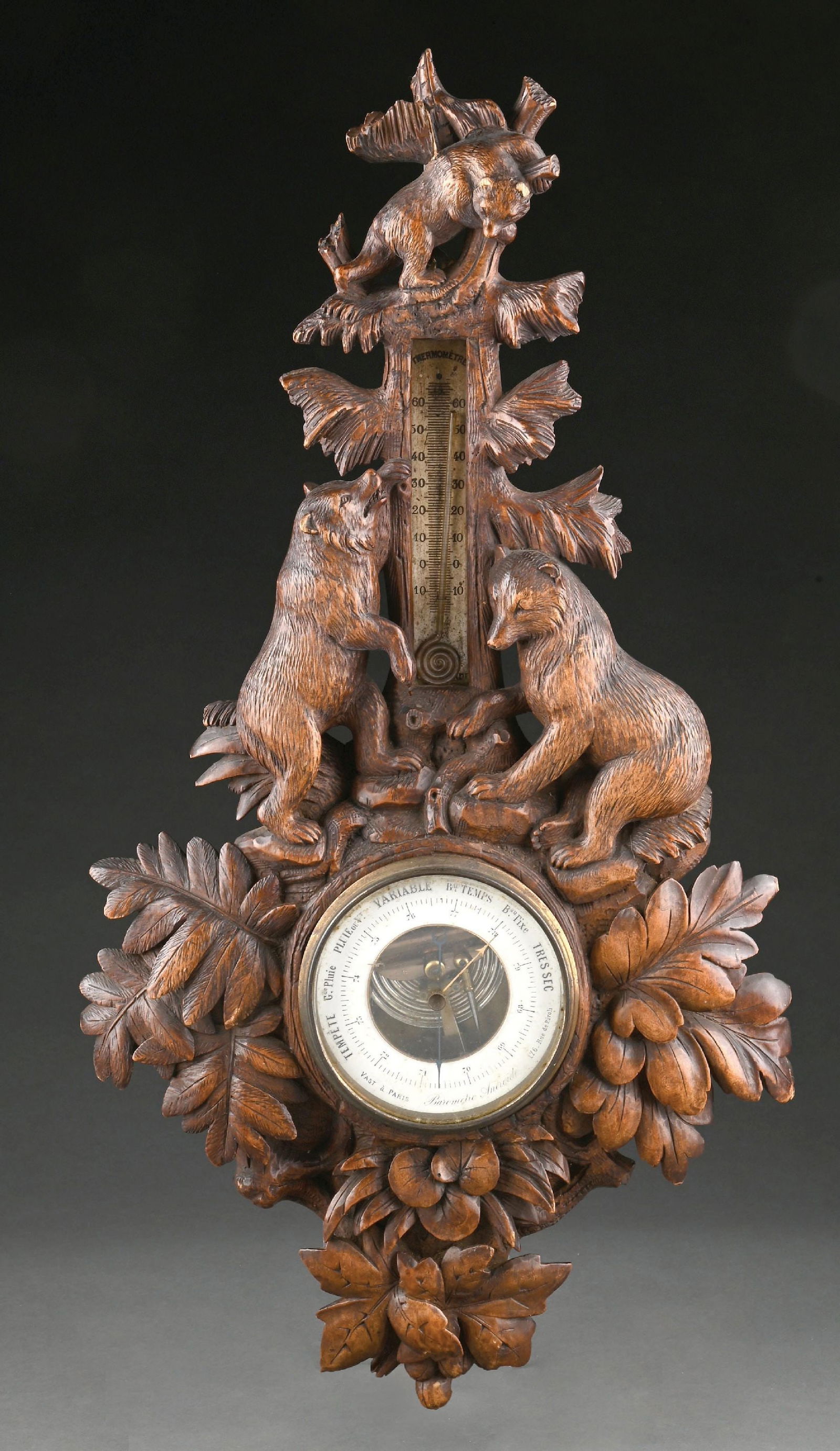 BLACK FOREST CARVED WOLF AND BEAR THERMOMETER BAROMETER (1 of 2)