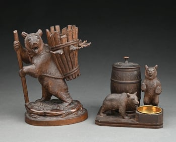 LOT OF 2: BLACK FOREST BEAR ASHTRAY AND HUMIDOR SET AND TANTALUS