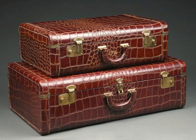 LOT OF 2: VINTAGE COW HIDE LEATHER ALLIGATOR EMBOSSED SUITCASES