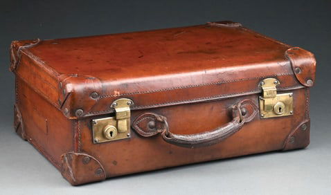 ANTIQUE ENGLISH BRIDLE LEATHER SUITCASE WITH BRASS HARDWARE