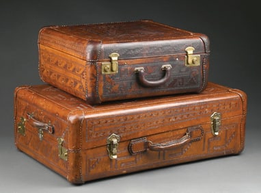 LOT OF 2: LARGE AND MEDIUM LEATHER MEXICAN TOOLED SUITCASES