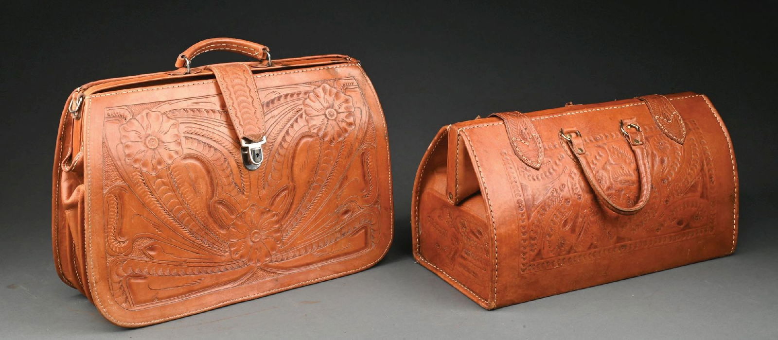 LOT OF 2: VINTAGE PARAGUAYAN TOOLED LEATHER BAGS (1 of 6)