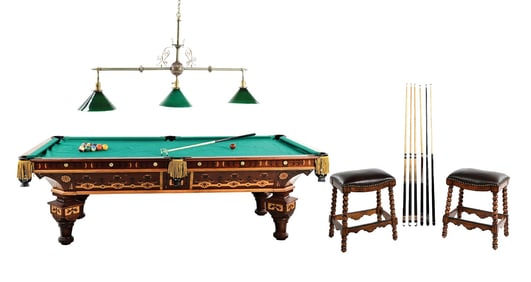 J.M. BRUNSWICK BROS. ANTIQUE POOL TABLE W/ ACCESSORIES