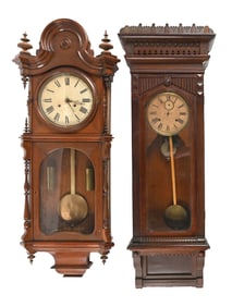 PAIR OF REGULATOR WALL CLOCKS, WELCH SPRING AND WILLIAM L GILBERT