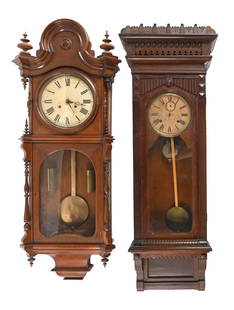 PAIR OF REGULATOR WALL CLOCKS, WELCH SPRING AND WILLIAM L GILBERT: C. 1860s. (A) WELCH, SPRING & CO., FORESTVILLE, CONN., "REGULATOR NO. 1" 8-DAY TIME ONLY, NICKEL-PLATED MOVEMENT. The rosewood case retains its original finish. The base has minor veneer chips on the