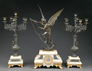 3-PIECE FIGURAL BRONZE "L'AMOUR IRRESISTIBLE" ON MARBLE BASE, CLOCK AND CANDELABRAS