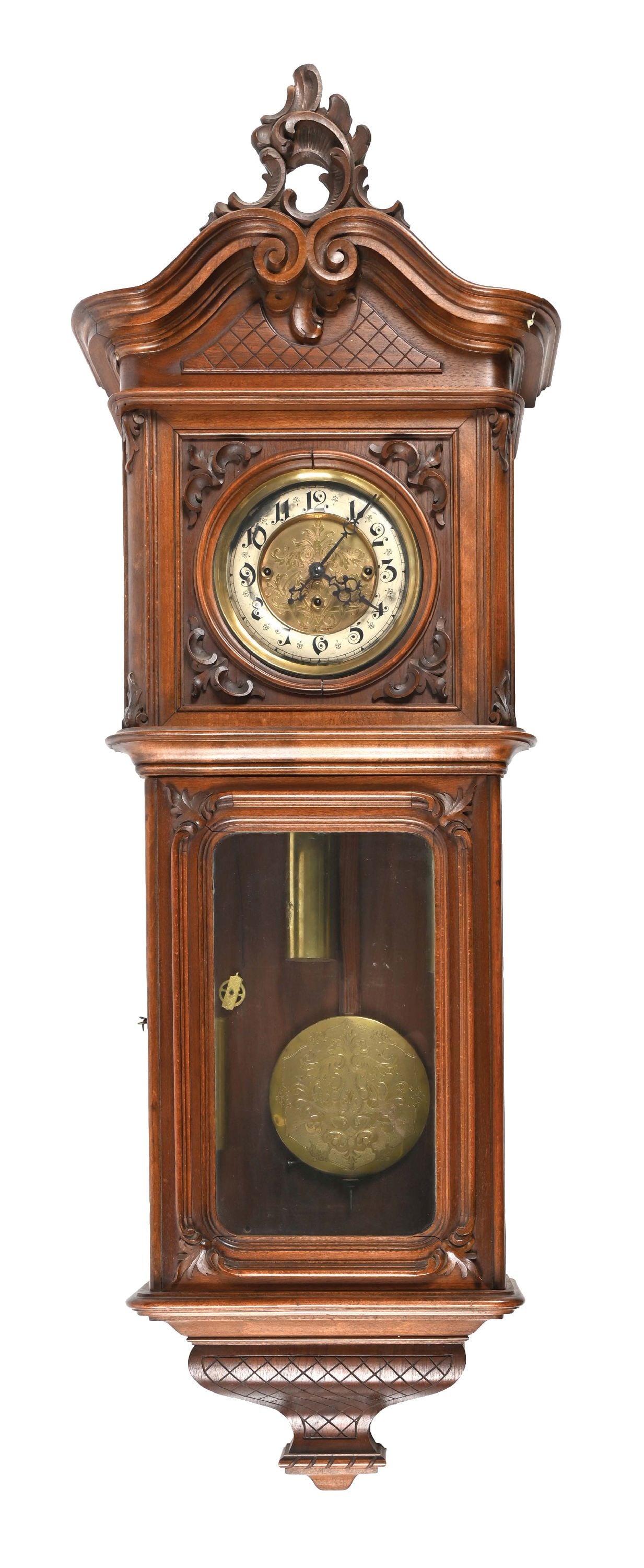 19TH CENTURY 3 WEIGHT AUSTRIAN "GRAND SONNERIE" VIENNA REGULATOR WALL CLOCK: C. 1880. Elegant and stunning walnut case shows great depth with intricate moldings. Light wear throughout, with original pendulum and etched weights. The brass dial is original as is the hands, showi