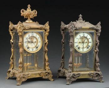 A PAIR OF ANSONIA VISCOUNT CRYSTAL REGULATOR BRASS MANTEL CLOCKS