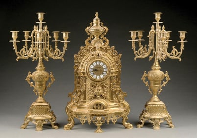 3-PIECE ITALIAN BRASS BAROQUE MANTEL CLOCK GARNITURE