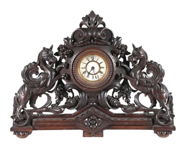 LARGE WALNUT CARVED GOTHIC STYLE MANTEL CLOCK