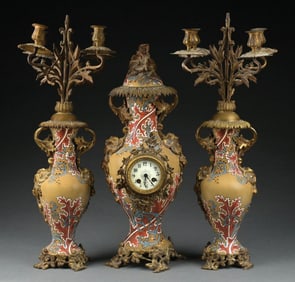 LOT OF 3: VILLEROY & BOCH METTLACH CLOCK & CANDELABRAS