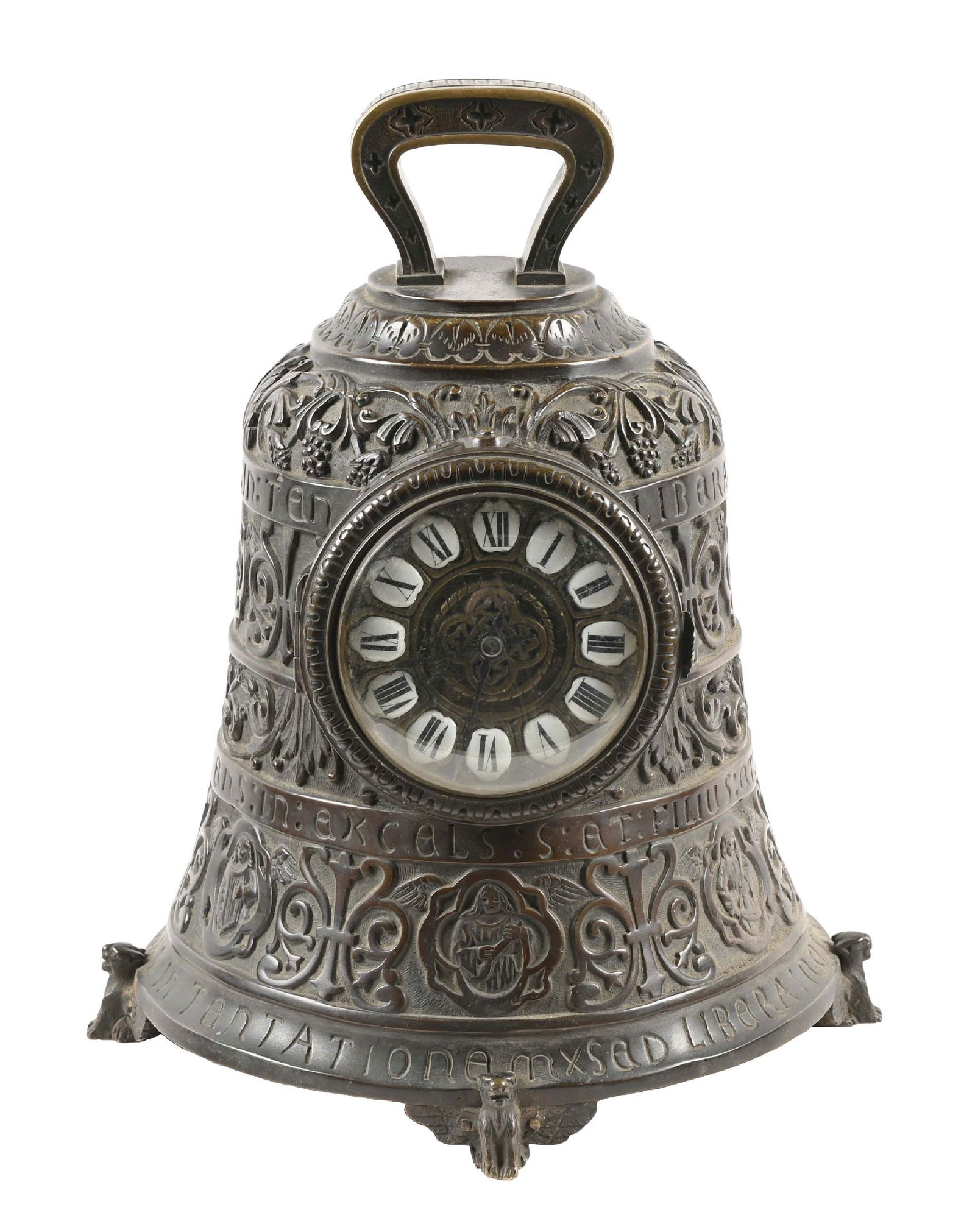J.E.CALDWELL CAST BRONZE BELL CLOCK WITH RELIGIOUS RELIEF (1 of 7)