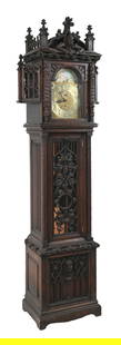 GOTHIC STYLE TIFFANY & CO. MONK GRANDFATHER CLOCK: Made by London clock maker Walter Durfee. Incredible gothic-style with ornate carvings. Fumed quartersawn oak. This is not a standard shippable item and will require 3rd party shipping or pickup arran