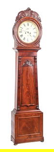 LARGE COLONIAL GRANDFATHER CLOCK: C. 1812. Maker unknown. Mahogany clock in empire design, 8-day with chimes. Tin painted dial, original hands in stunning cabinet. Correct pendulum and carved crest. This is not a standard shippable it