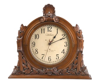 MONUMENTAL CARVED WALNUT MANTEL CLOCK FROM WARREN TELECHRON