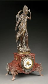 BRONZE MANTEL CLOCK DEPICTING A FEMALE ARCHER ON MARBLE BASE