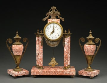 FRENCH THE FRIEDLAENDER CO. BRASS AND MARBLE CLOCK WITH GARNATURES
