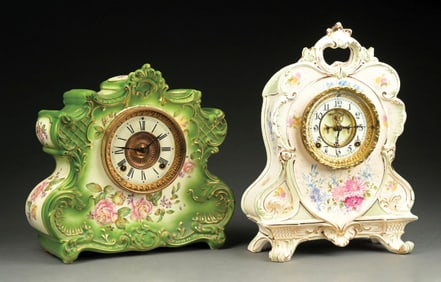 A PAIR OF PORCELAIN ANSONIA MANTEL CLOCKS