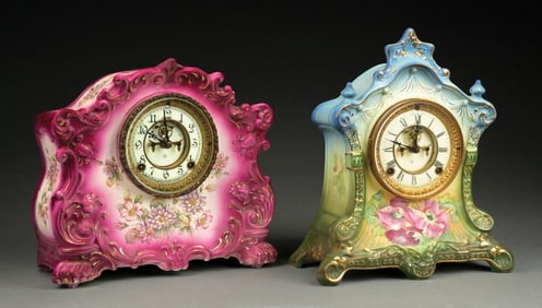 A PAIR OF PORCELAIN ANSONIA MANTEL CLOCKS