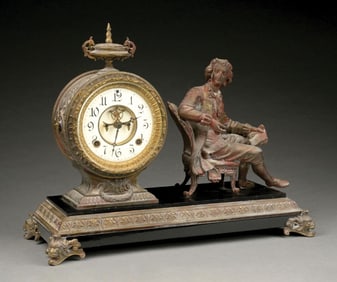 ANSONIA FRENCH SPELTER MANTEL CLOCK WITH FIGURAL DESIGN