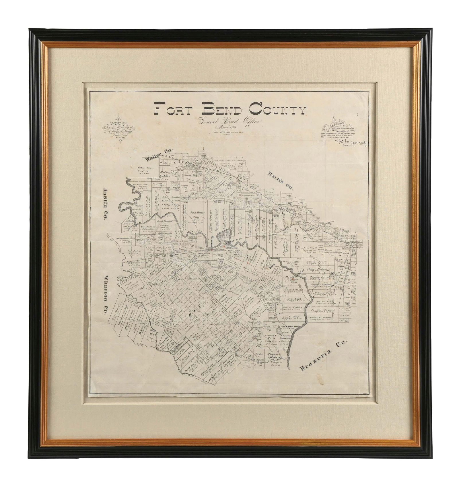 FRAMED MAP OF FORT BEND COUNTY 1893: Map size: 24" x 22". Condition: (Excellent). Dimensions: Frame: 33" x 31 - 1/4".