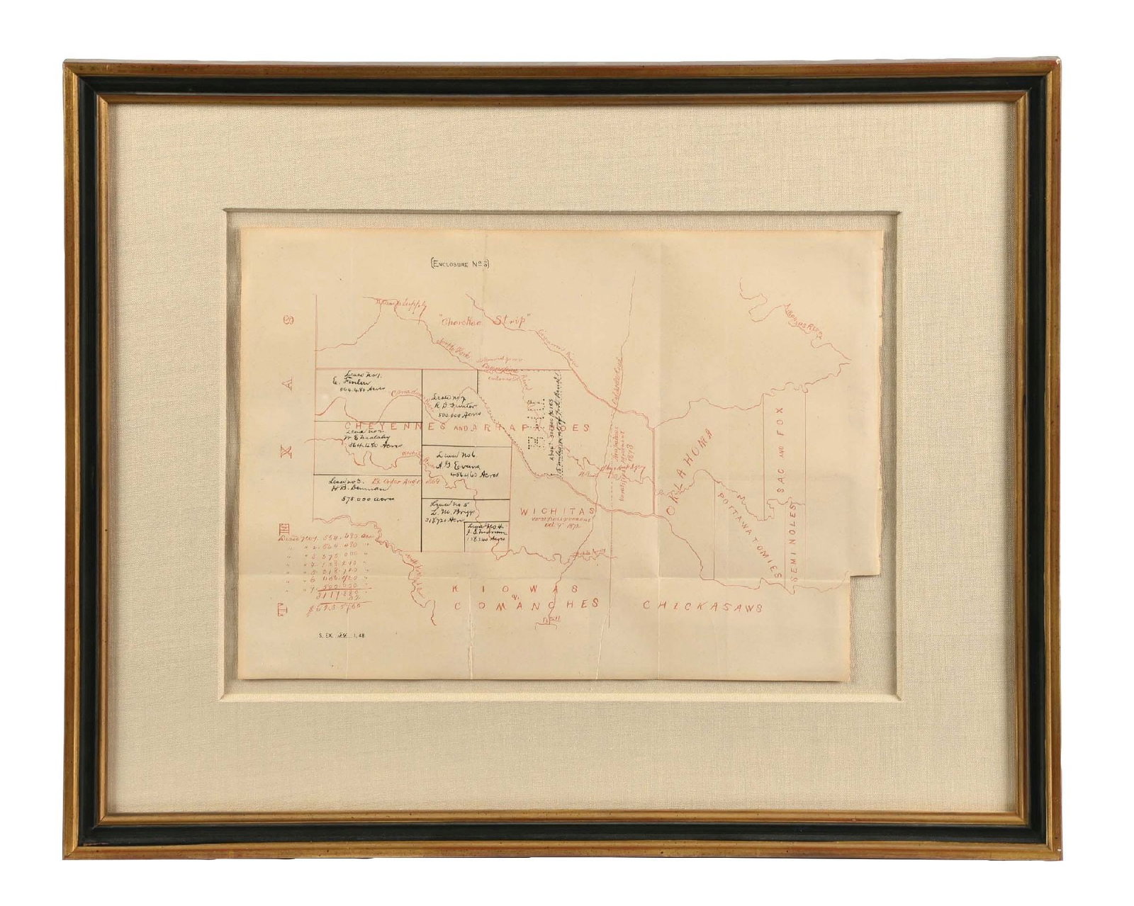 FRAMED MAP OF CHEYENNE AND ARAPAHO LAND: Map size: 11" x 16". Dated 1872. Condition: (Excellent). Dimensions: Frame: 19 - 1/2" x 24".