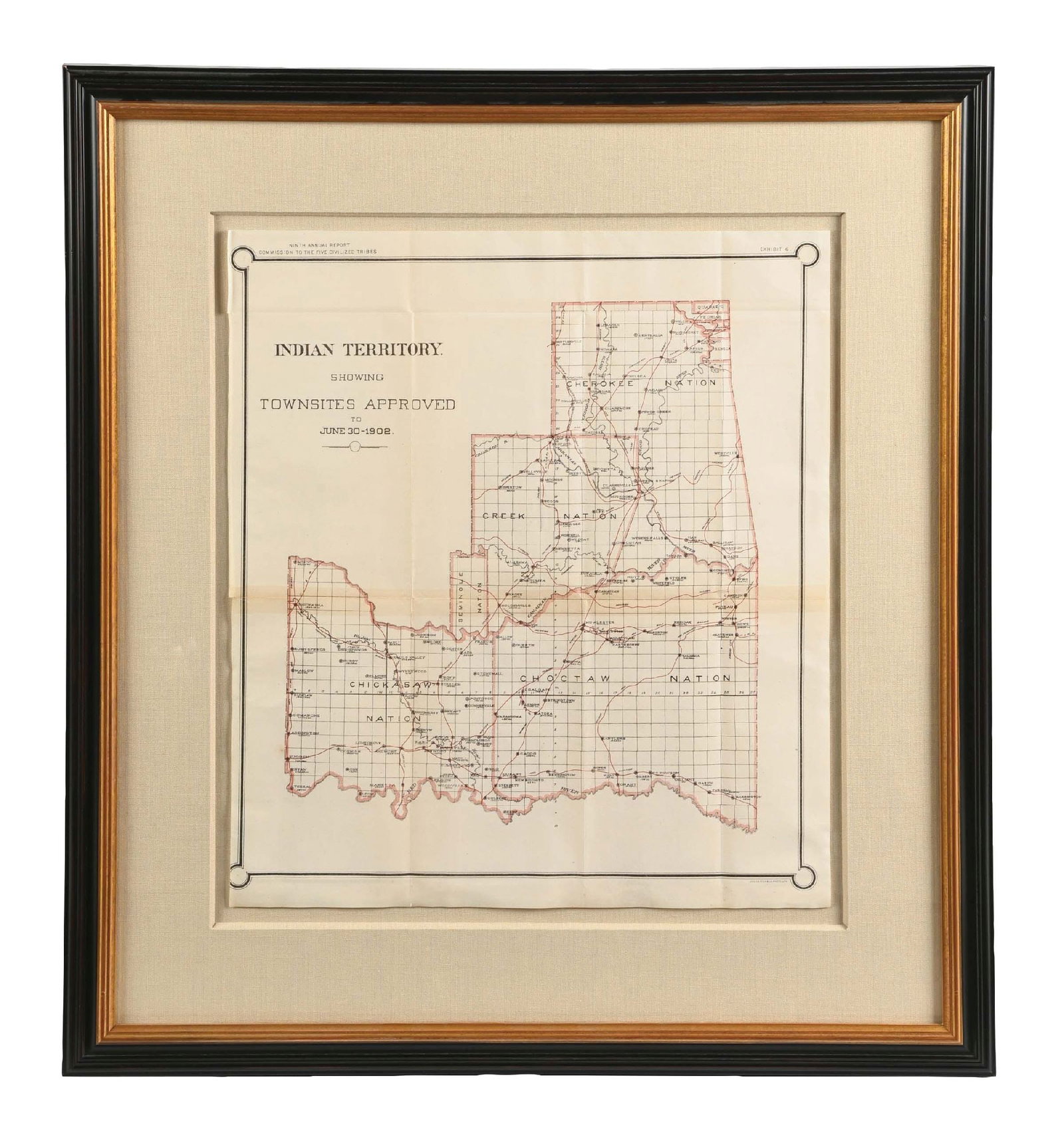 FRAMED MAP OF VARIOUS INDIAN TERRITORIES 1902: Map size: 19 - 1/2" x 17" Condition: (Excellent). Dimensions: Frame: 28 - 3/4" x 26 - 1/4".