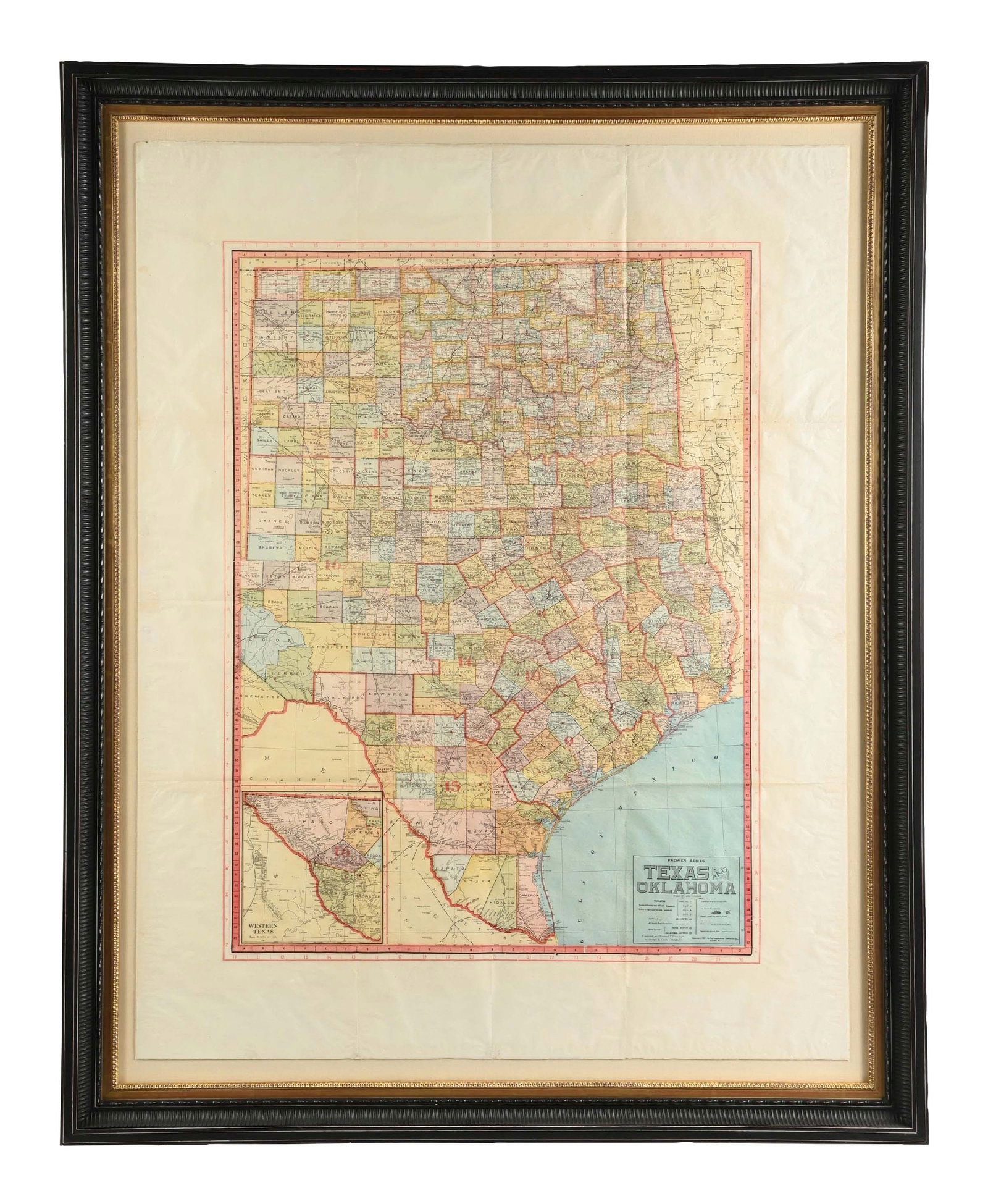 FRAMED MAP OF TEXAS AND OKLAHOMA 1907: Map size: 34" x 43 - 1/4". Colored. This is not a standard shippable item and will require 3rd party shipping or pickup arrangements to be made. Condition: (Excellent). Dimensions: Frame: 40 - 1/2" x 