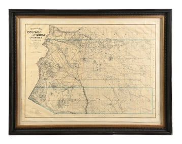 FRAMED MAP OF COLFAX AND MORA COUNTIES NEW MEXICO 1889
