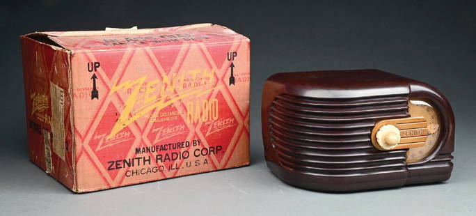 ZENITH MODEL 6D311 PLASTIC RADIO WITH ORIGINAL BOX: C. 1938. Showing no breaks or repairs. With back panel and cord, and original box showing wear and some tattered edges. Set is being sold as a "non-working" vintage electronic device that should be go