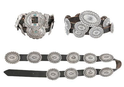 3 NAVAJO SILVER AND TURQUOISE CONCHO BELTS