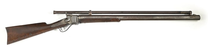 (A) WESTERN BUILT CUSTOM HEAVY BARREL SHARPS BUFFALO CONVERSION RIFLE WITH ML MOGG SCOPE.