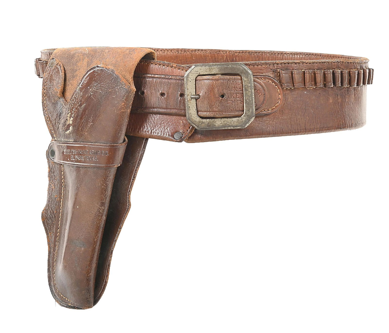 A SHELTON-PAYNE ARMS CO. TEXAS HOLSTER AND MONEY BELT RIG: A nice early El Paso maker marked cartridge/money belt and single loop holster gun rig. Shows use but not abuse. Block letter "Shelton-Payne Arms Co. / El Paso, Texas" mark on the loop of the holster 