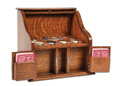 SET OF EARLY POKER CHIPS IN A SCARCE OAK ROLL TOP DESK CASE