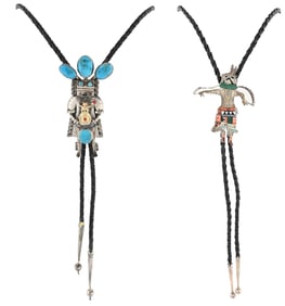 TWO LARGE STERLING SILVER TURQUOISE BOLO TIES WITH DANCERS