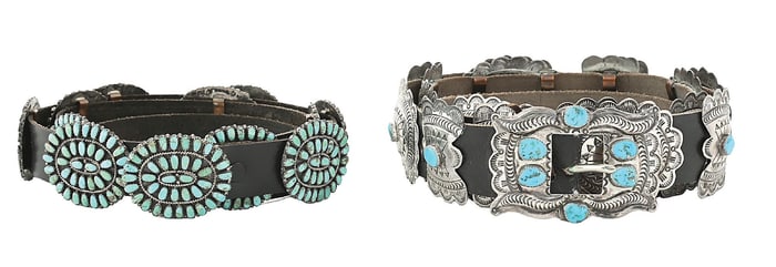 LOT OF 2 MARKED NAVAJO SILVER & TURQUOISE CONCHO BELTS