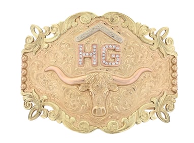 CUSTOM AHMAD KHAN GOLD AND DIAMOND LONGHORN BELT BUCKLE
