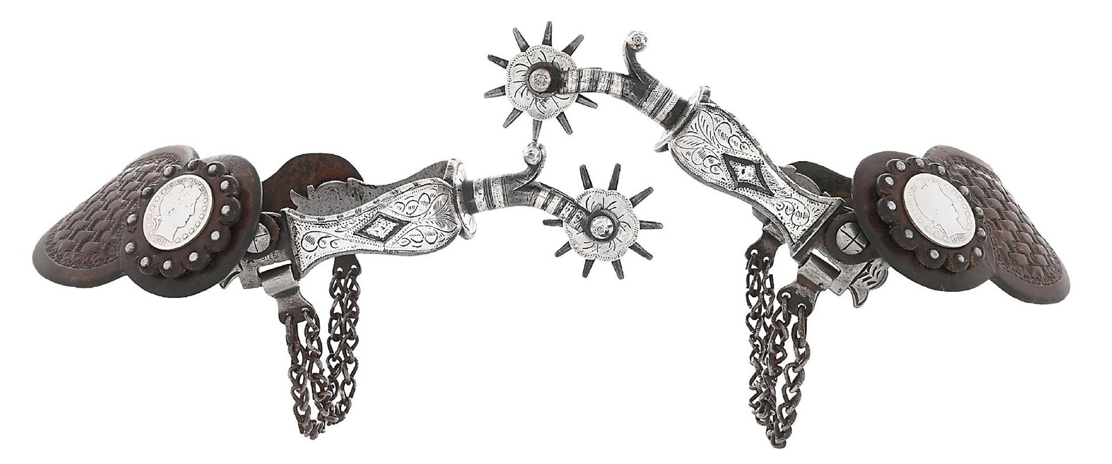 AUGUST BUERMANN DOUBLE MOUNTED #1471 "DANDY" SPURS: The classic pattern popularized by G. S. Garcia, the "Dandy", with sweepng 1" band, round 2 1/4" shank and 1 3/4" rowel with engraved silver washer. The inlaid bands have a central diamond design on e